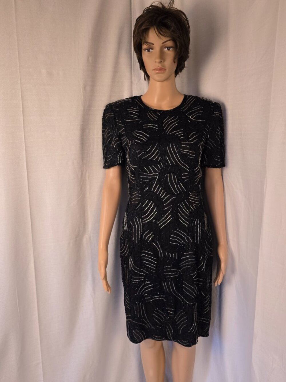 Papell 100% Silk Black Dress with Silver Blue and Black Beading Size 6